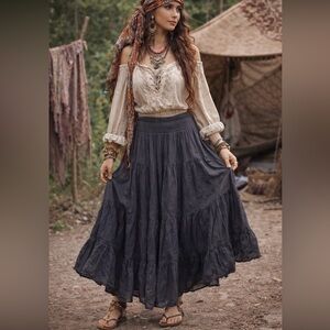 Natural Life Boho Gypsy Tiered Broomstick Skirt XL dark grey brown 100% cotton